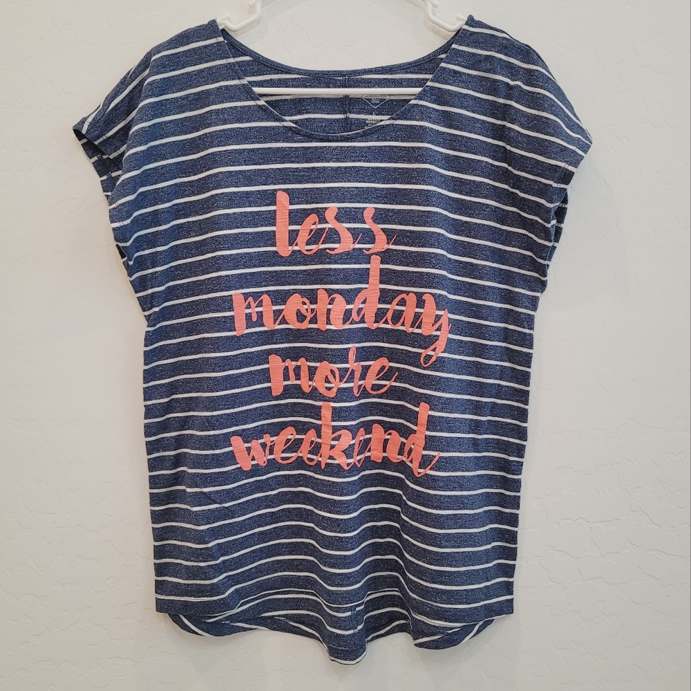St John's Bay Stripe "Less Monday More Weekend" Graphic Print T-shirt Size Large - Picture 2 of 6